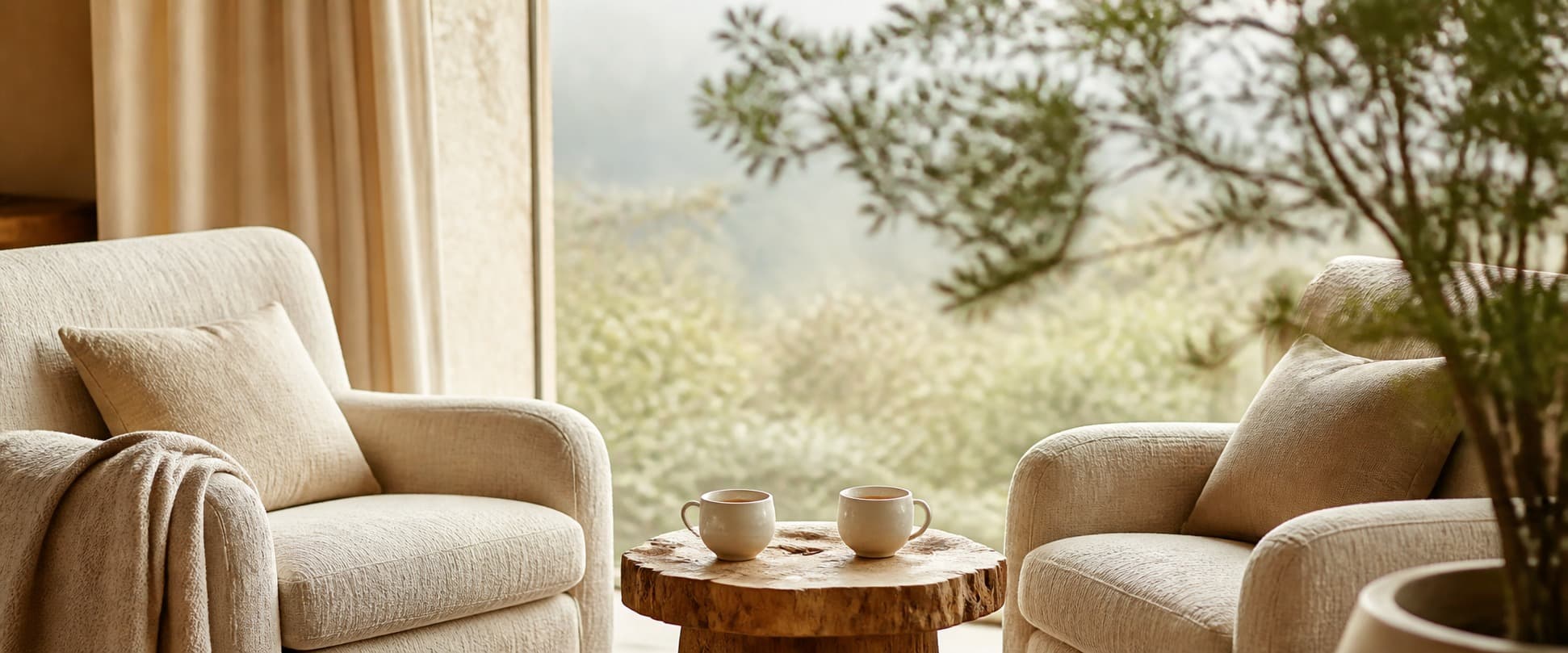 Two chairs angled toward each other by a large window, soft daylight, a small table with tea between them