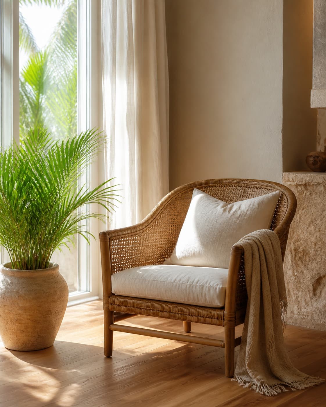 An empty rattan chair beside a bright window with a plant, morning light on the floor
